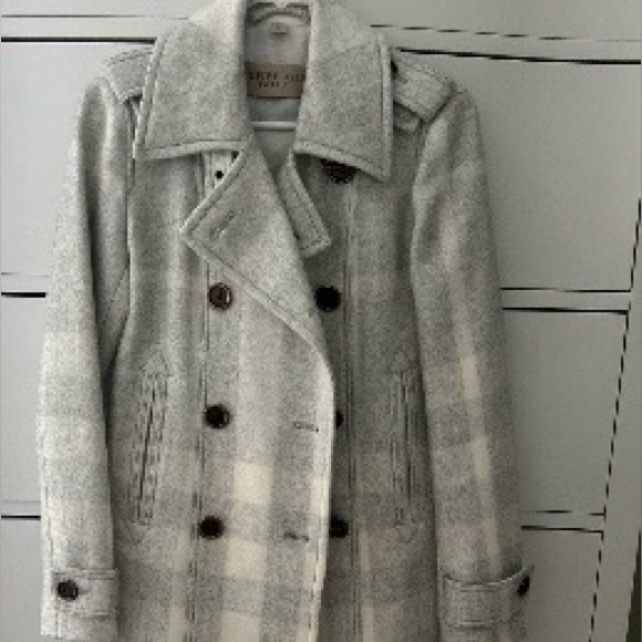 Burberry Jackets & Blazers - Burberry Light Gray Plaid Double-Breasted Pea Coat